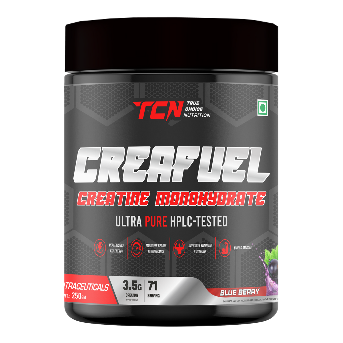 TCN Creafuel Creatine Monohydrate Ultra Pure HPLC- Tested 250Gm, Blueberry