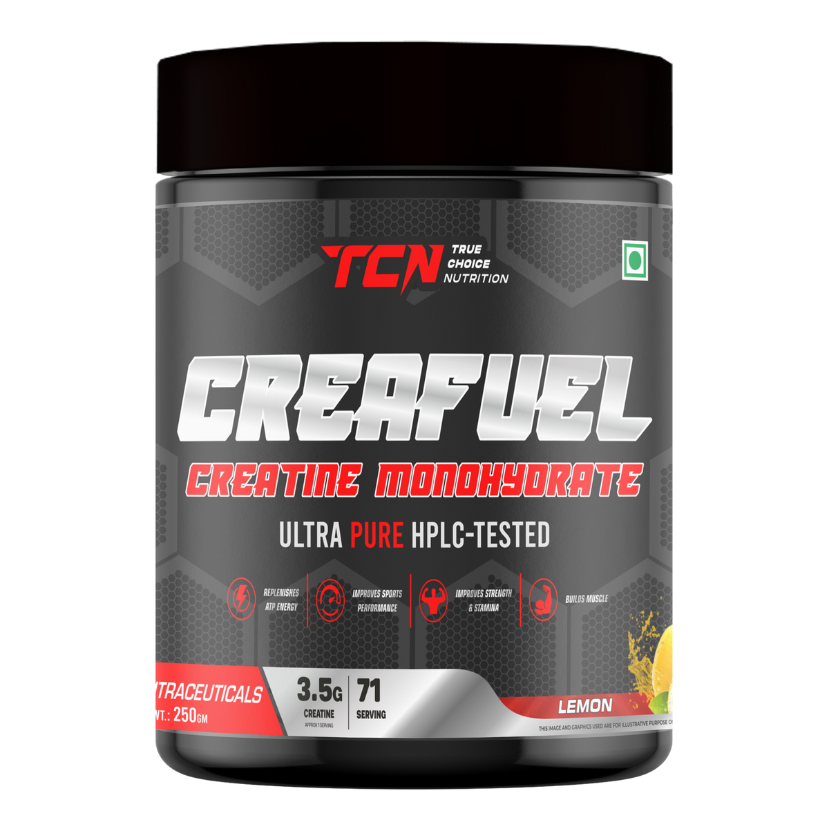 TCN Creafuel Creatine Monohydrate Ultra Pure HPLC- Tested 250Gm, Lemon